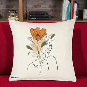Perna Decorativa Portret Feminin Floare Portocalie, 40x40 cm, Crem Reliefat, Husa Detasabila, Perna Inclusa, BEKZ®