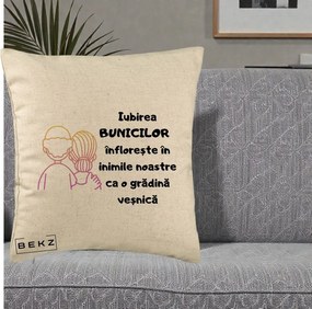 Cadou pentru Bunici - Perna Personalizata Iubirea Bunicilor Infloreste Cuplu Line Art Gradient, 40x40 cm, Bej, Husa Detasabila, Perna Inclusa, BEKZ®