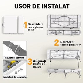 Outsunny Set Masă de Camping Pliabilă cu 2 Scaune, 180x74x74 cm, Alb | Aosom Romania