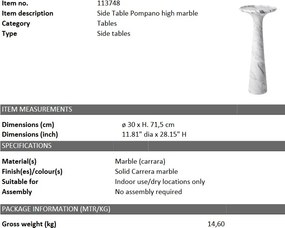 Masuta auxiliara design LUX din marmura Pompano high 113748 HZ