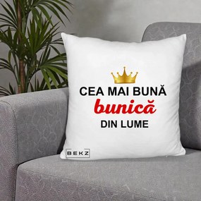 Cadou pentru Bunica - Perna Personalizata Cea Mai Buna Bunica Din Lume Coroana Aurie, 40x40 cm, Alb Pufos, Husa Detasabila, Perna Inclusa, BEKZ®