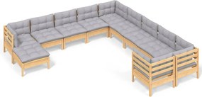vidaXL Set mobilier grădină cu perne, 11 piese, gri, lemn de pin