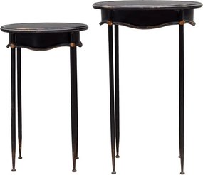 Set 2 măsuțe laterale vintage înalte din metal, negru, cu blat oval și șorț ondulat, finisaj patinat, 76 x 50 x 43 cm, „Orleans”
