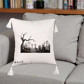 Perna Decorativa Halloween Cimitir Acuarela cu Dovleac, 40x40 cm, Bej cu Franjuri, Husa Detasabila, Perna Inclusa, BEKZ®