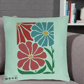 Perna Decorativa Flori Grafice Rosu-Albastru, 40x40 cm, Verde Menta, Husa Detasabila, Perna Inclusa, BEKZ®