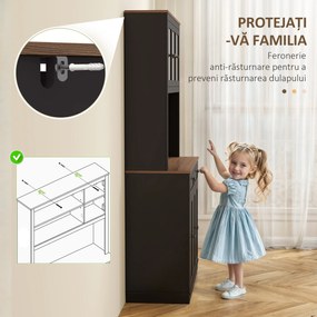 HOMCOM Dulap Înalt de Bucătărie cu 4 Dulapuri și 2 Sertare din Lemn și Sticlă Negru | Aosom Romania