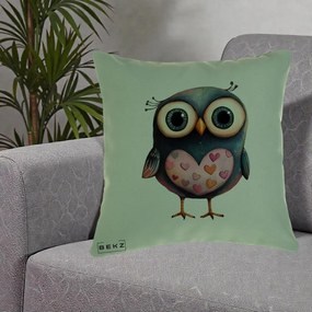 Perna Decorativa Bufnita cu Inimioare Roz, 40x40 cm, Verde, Husa Detasabila, Perna Inclusa, BEKZ®