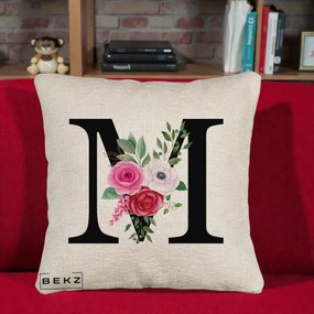 Cadou Personalizat - Perna Personalizata Monograma Florala Litera M cu Trandafiri si Anemona, 40x40 cm, Bej Canapea, Husa Detasabila, Perna Inclusa, BEKZ®