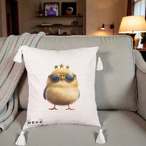 Perna Decorativa Pui Gold Star cu Ochelari Aurii, 40x40 cm, Bej cu Franjuri, Husa Detasabila, Perna Inclusa, BEKZ®