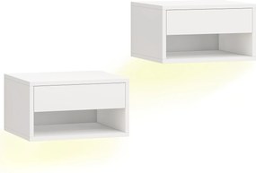 HOMCOM Set 2 Noptiere Suspendate cu LED RGB Integrat și Reglabil prin Aplicație, Sertar și Raft, 37x32x21 cm, Alb | Aosom Romania
