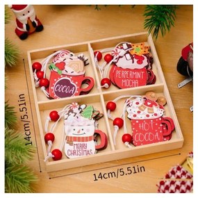 Set decoratiuni de Craciun din lemn HOT DRINKS, 12 buc