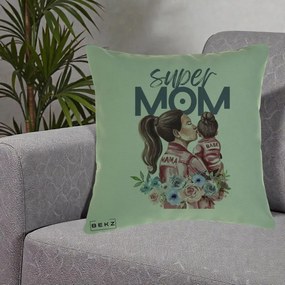 Cadou pentru Mama - Perna Personalizata Super Mom Mama cu Bebelusul, 40x40 cm, Verde, Husa Detasabila, Perna Inclusa, BEKZ®