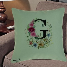 Cadou Personalizat - Perna Personalizata Monogram Litera G cu Flori Acuarela, 40x40 cm, Verde, Husa Detasabila, Perna Inclusa, BEKZ®