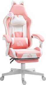 HOMCOM Scaun de Gaming Ergonomic cu Urechi de Pisică, Suport pentru Picioare și Suport Lombar, 65x62x116-124 cm, Roz | Aosom Romania