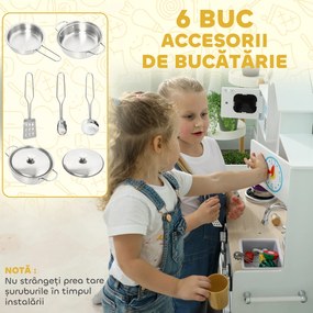 AIYAPLAY Bucătărie de Jucărie pentru Copii 3-6 Ani din Lemn cu Set de Accesorii, Chiuvetă și Butoane cu Sunete, Alb | Aosom Romania