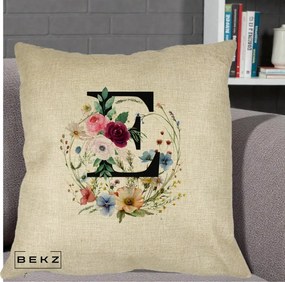 Cadou Personalizat - Perna Personalizata Monogram Litera E cu Flori Acuarela, 40x40 cm, Crem, Husa Detasabila, Perna Inclusa, BEKZ®