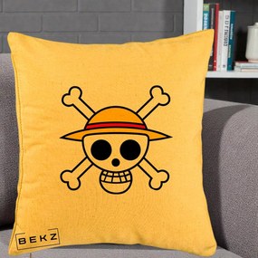 Perna Personalizata One Piece Jolly Roger Straw Hat Pirates, 40x40 cm, Galben, Husa Detasabila, Perna Inclusa, BEKZ®