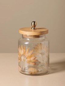 Borcan din sticla, cu capac din lemn de mango, design petale presate, H14cm, Aster