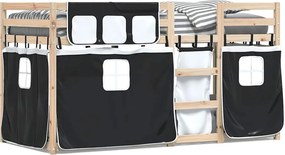 vidaXL Pat supraetajat de copii perdele, alb/negru, 90x190 cm lemn pin