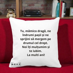 Cadou pentru Mama - Perna Personalizata Mamico Draga Te Iubim La Multi Ani cu Text Negru, 40x40 cm, Alba Mata, Husa Detasabila, Perna Inclusa, BEKZ®