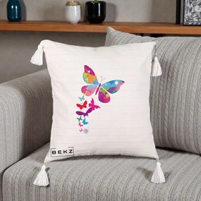 Perna Decorativa Fluturi Splash, 40x40 cm, Bej cu Franjuri, Husa Detasabila, Perna Inclusa, BEKZ®