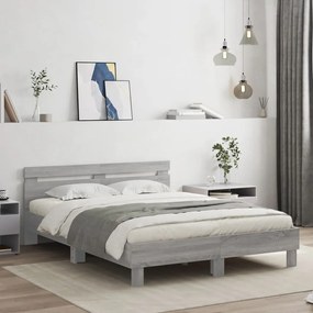 vidaXL Cadru de pat cu tăblie și LED, gri sonoma, 140x190 cm