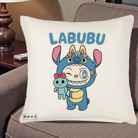 Perna Personalizata Labubu x Stitch cu Flori, 40x40 cm, Crem Reliefat, Husa Detasabila, Perna Inclusa, BEKZ®