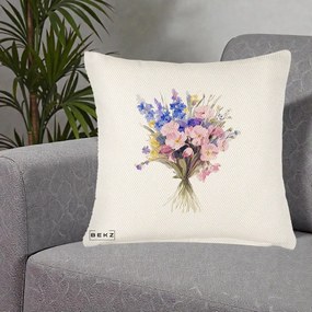 Perna Decorativa Buchet Floral Acuarela Primavara, 40x40 cm, Crem Reliefat, Husa Detasabila, Perna Inclusa, BEKZ®