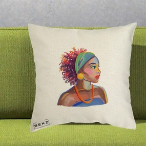 Perna Decorativa Portret Femeie Urbana Acuarela, 40x40 cm, Ecru, Husa Detasabila, Perna Inclusa, BEKZ®