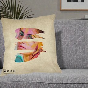 Perna Decorativa Portret Femeie Fragmentat Colorat, 40x40 cm, Crem, Husa Detasabila, Perna Inclusa, BEKZ®