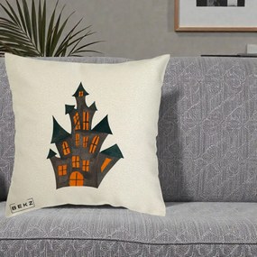 Perna Decorativa Halloween Casa Bantuita Minimalista, 40x40 cm, Ecru, Husa Detasabila, Perna Inclusa, BEKZ®