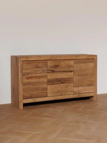 Comodă cu uși și sertare, rustică, din lemn de stejar, natur, cu 3 sertare, 2 uși și 2 rafturi, 90 x 160 x 48 cm, „Newhill”