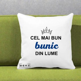 Cadou pentru Bunic - Perna Personalizata Cel Mai Bun Bunic Din Lume Coroana Albastra, 40x40 cm, Alba Mata, Husa Detasabila, Perna Inclusa, BEKZ®