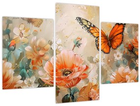 Tablou - Fluture și flori, pictură în ulei (90x60 cm)