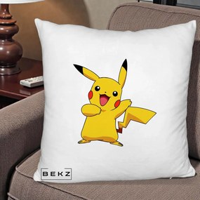 Perna Personalizata Pikachu Fericit, 40x40 cm, Alb Pufos, Husa Detasabila, Perna Inclusa, BEKZ®