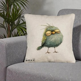 Perna Decorativa Pasare Teal Adormita cu Ochi Galbeni, 40x40 cm, Bej Canapea, Husa Detasabila, Perna Inclusa, BEKZ®