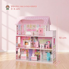 AIYAPLAY Casă de păpuși din lemn pentru copii, 3 niveluri, cu bandă LED DIY, 8 piese de mobilier, 6 camere, 3-6 ani, roz | Aosom Romania