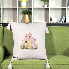 Perna Decorativa Casuta Roz Acuarela cu Gradina, 40x40 cm, Bej cu Franjuri, Husa Detasabila, Perna Inclusa, BEKZ®