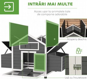 PawHut Coteț din Lemn pentru Exterior cu 2 Cuiburi de Ouă, Adăpost pentru Găini cu Tavă Detașabilă și Acoperiș din Asfalt, pentru 2-4 Găini, Gri | Aosom Romania