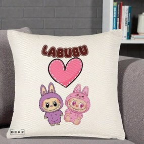 Perna Personalizata Labubu Cuplu Inima, 40x40 cm, Crem Reliefat, Husa Detasabila, Perna Inclusa, BEKZ®