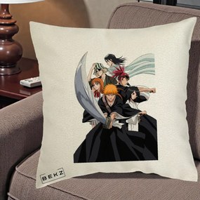 Perna Personalizata Bleach Grup Complet Ichigo si Prietenii, 40x40 cm, Ecru, Husa Detasabila, Perna Inclusa, BEKZ®