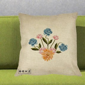 Perna Decorativa Buchet Primavara Acuarela, 40x40 cm, Crem, Husa Detasabila, Perna Inclusa, BEKZ®