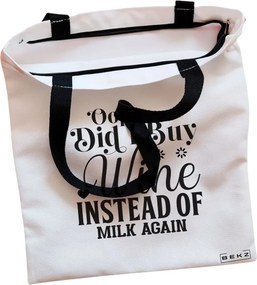 Sacosa de Panza pentru Cumparaturi, Geanta Tote, model Opps Did I buy wine instead of milk again?, Cu fermoar, 38x34.5 cm, Alba, BEKZ®