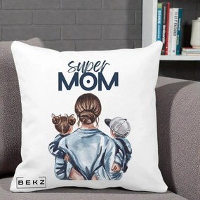 Cadou pentru Mama - Perna Personalizata Super Mom, 40x40 cm, Alba Mata, Husa Detasabila, Perna Inclusa, BEKZ®