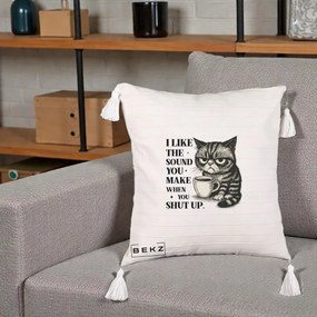 Perna Decorativa I Like the Sound You Make Pisica, 40x40 cm, Bej cu Franjuri, Husa Detasabila, Perna Inclusa, BEKZ®