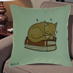 Perna Decorativa Pisica Adormita pe Carti, 40x40 cm, Verde, Husa Detasabila, Perna Inclusa, BEKZ®
