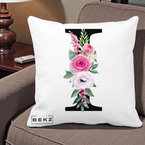 Cadou Personalizat - Perna Personalizata Monograma Florala Litera I, 40x40 cm, Alba Mata, Husa Detasabila, Perna Inclusa, BEKZ®