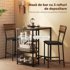HOMCOM Masă de Bar cu 3 Rafturi și 2 Scaune cu Suport pentru Picioare și Spătar, din Lemn și Oțel, Negru și Nuc | Aosom Romania