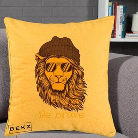 Perna Decorativa Leu Hipster Be Brave, 40x40 cm, Galben, Husa Detasabila, Perna Inclusa, BEKZ®