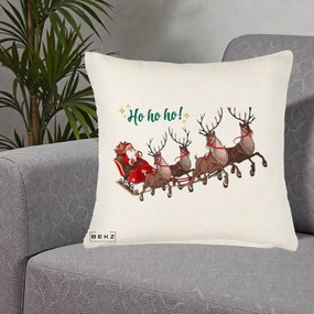 Perna Decorativa Ho Ho Ho Mos Craciun cu Sanie si Reni, 40x40 cm, Crem Reliefat, Husa Detasabila, Perna Inclusa, BEKZ®